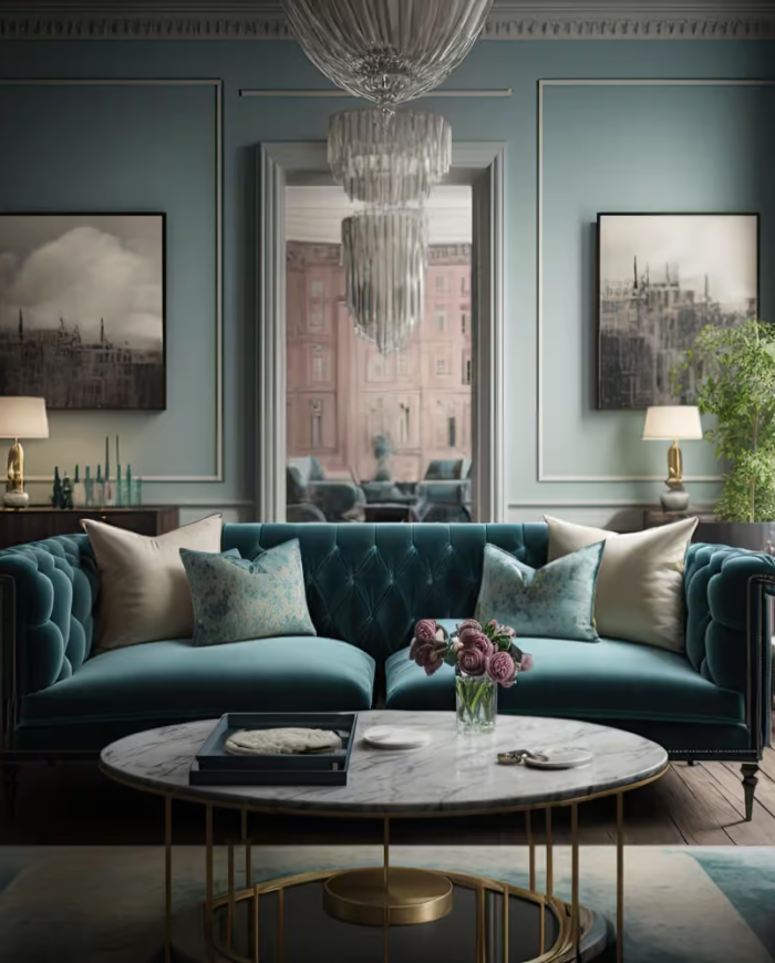 Un appartement rénovation parisien avec des meubles bleus et roses.