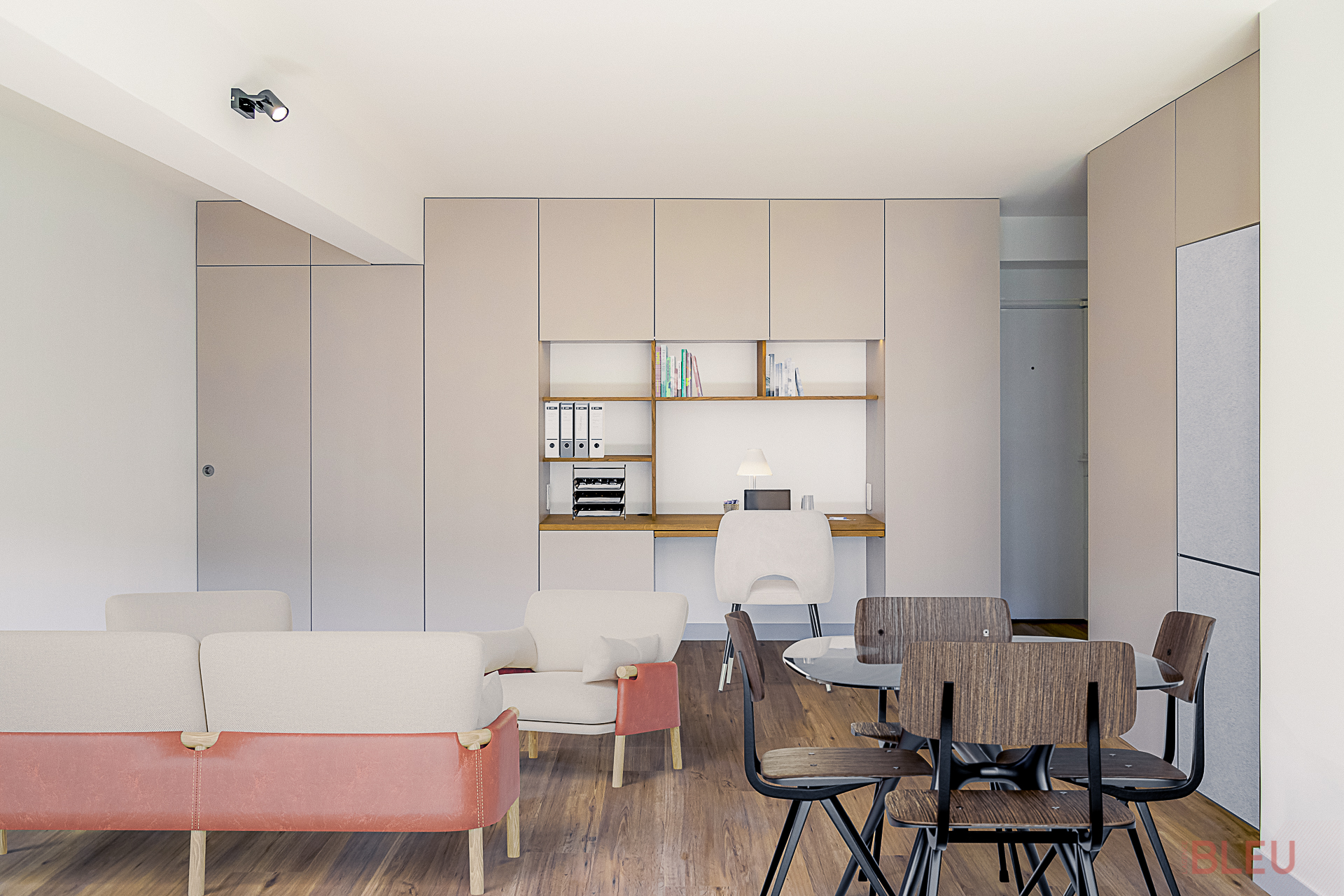 Espace de vie contemporain avec zone de travail intégrée, canapé beige et table à manger en verre - Projet de rénovation appartement à Paris par notre agence d'architecture intérieur