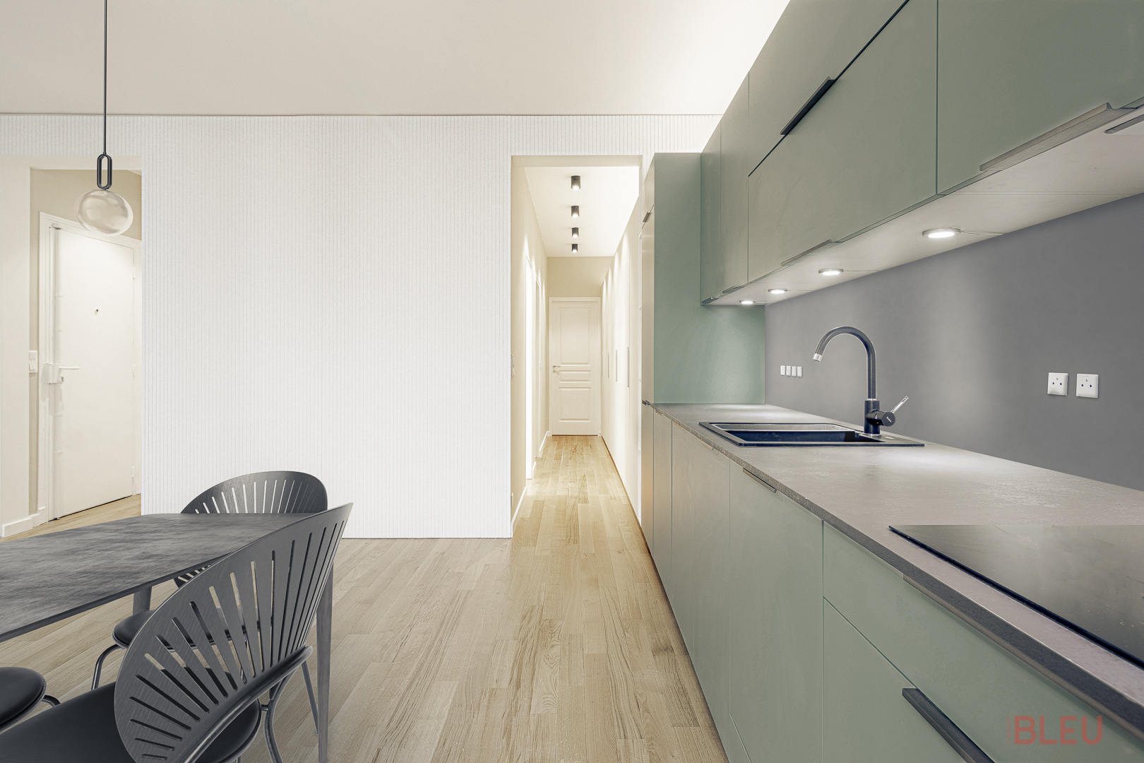 Cuisine moderne et minimaliste avec vue sur couloir dans un appartement rénové à Paris. Rénovation par architecte intérieur Paris, combinant design contemporain et respect du style haussmannien.